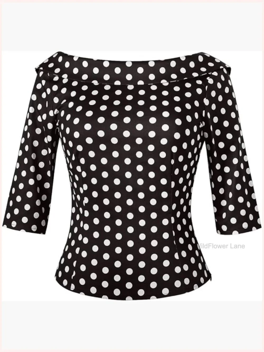 Vintage Pinup Blouse with Back Bow Tie, Medium Sleeves Boat Neck Cotton Top